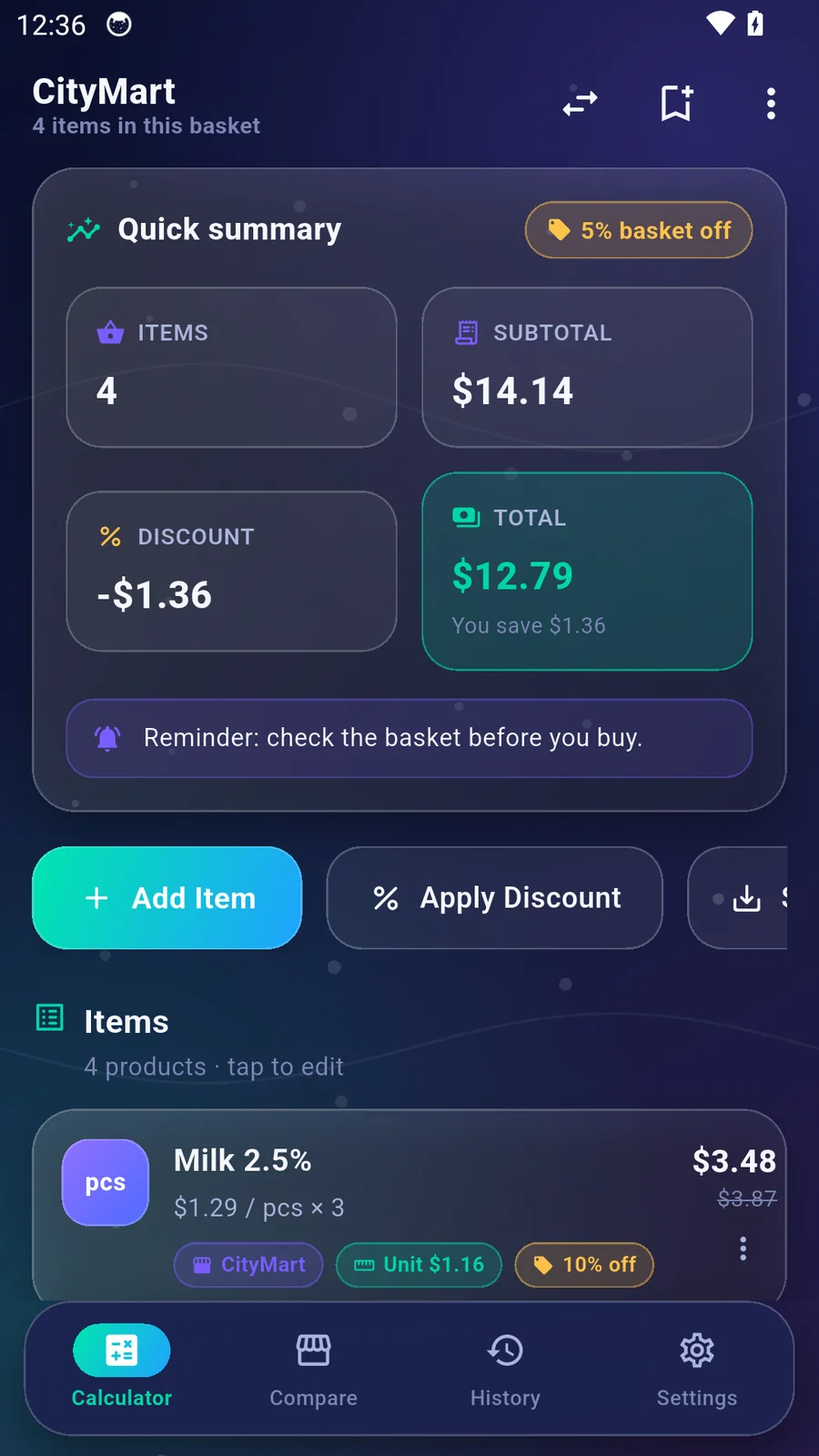ShopSmart Calculator basket calculator screen